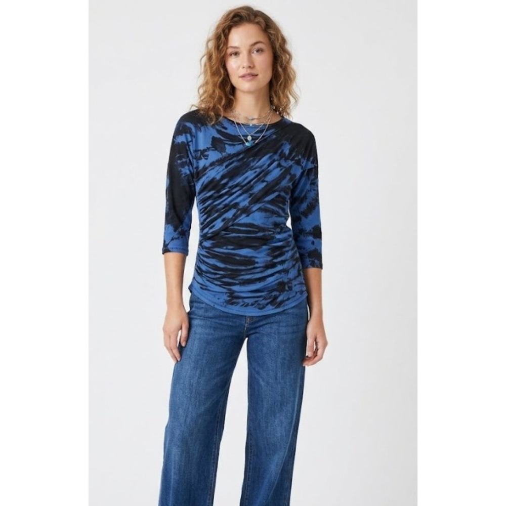 Heyne Bogut Ruched Tie Dye Top size XS Blue Black Hand Dyed Draped USA Made